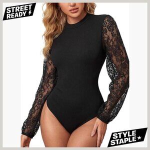 Large Sheer Lace Long Sleeve Bodysuit Slim Fit Ribbed Crew Neck Top